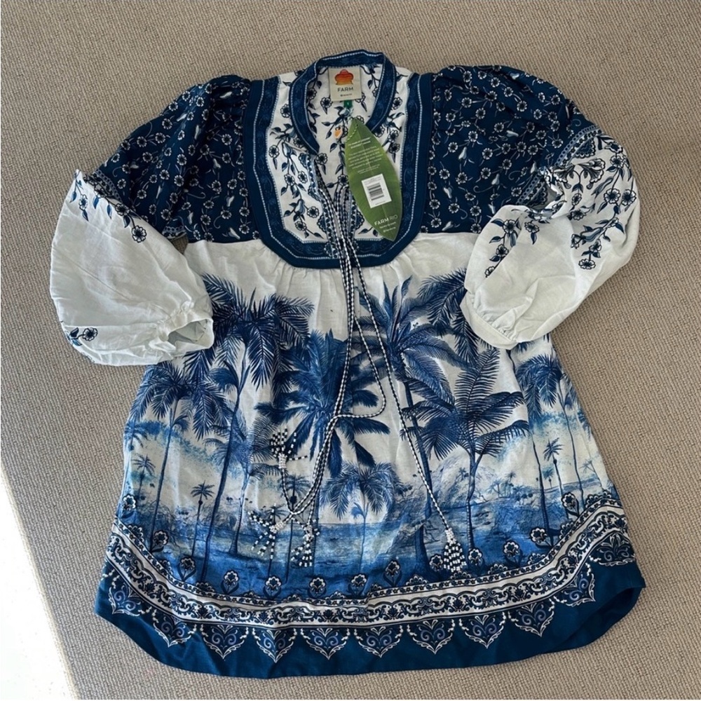 FARM RIO Palm Tree Beach Printed Linen-blend Mini Dress - Picture 3 of 8